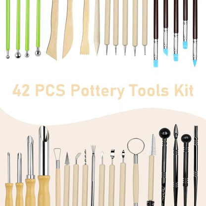 42 Pcs Pottery Tools Kit | Clay Sculpting Tools | Pottery Enthusiast Gifts | Stainless Steel & Wooden Handle | Portable Tools Set for Carving, Modeling, Shaping, Polymer | Ideal for Beginners, Artists