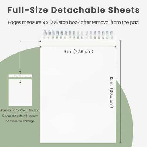 Cewei 9x12 Drawing Paper Pad, 100 Sheets, Spiral Bound Sketchbook, 68lb/100gsm White Drawing Paper for Kids Ages 4-8 & 9-12 - color: Sage Green, size: 9" x 12" (Pack of 1)