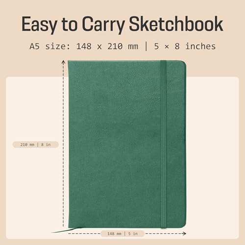 BROWNSTONE JOURNALS A5 Sketch Book Hardcover - 80 Sheets 100 GSM Paper 5"x8", Lay Flat, Vegan Leather Cover, Elastic Band, Back Pocket, Art Drawing Book (Dartmouth Green) - color: Dartmouth Green, size: A5 (5" x 8")