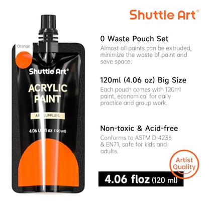 Shuttle Art Acrylic Paint, 18 Colors Acrylic Paint Pouches (120ml/4.06oz), Artist Grade Paint Set, Rich Pigments, Non-Toxic for Artists, Beginners and Kids on Rocks Crafts Canvas Wood Ceramic