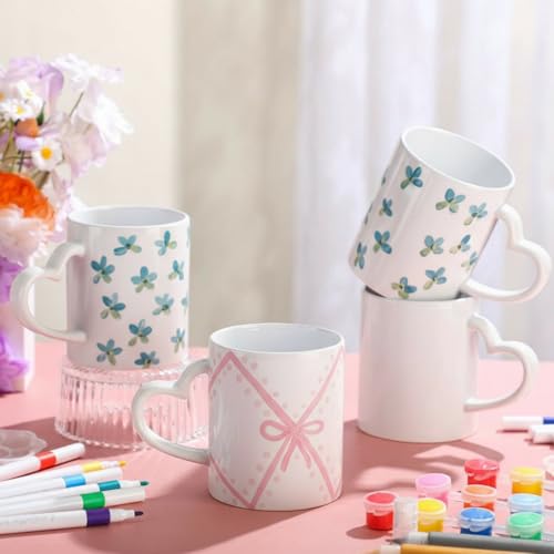 Potchen 4 Sets Paint Your Own Mug Painting Kits, Pastel Ceramic Mugs with Heart Handle Flower Cute Y2k Painting Mug Kit Activities Includes 4 Cups 8 Brushes 4 Palettes 2 Outlines Pen and 12 Markers
