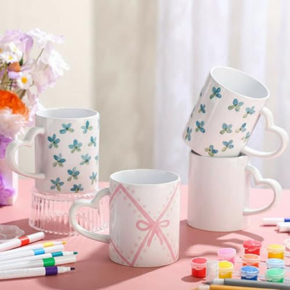 Potchen 4 Sets Paint Your Own Mug Painting Kits, Pastel Ceramic Mugs with Heart Handle Flower Cute Y2k Painting Mug Kit Activities Includes 4 Cups 8 Brushes 4 Palettes 2 Outlines Pen and 12 Markers