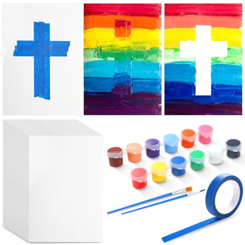 Tinlade 40 Pack Tape Resist Cross Crafts for Kids Easy Crafts for Kids Cross on Paper to Paint Kit Watercolor Paper with Masking Tape Brushes Religious Bible Vbs Sunday School Craft