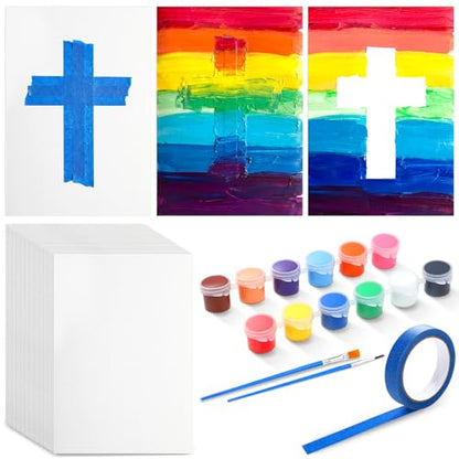 Tinlade 40 Pack Tape Resist Cross Crafts for Kids Easy Crafts for Kids Cross on Paper to Paint Kit Watercolor Paper with Masking Tape Brushes Religious Bible Vbs Sunday School Craft