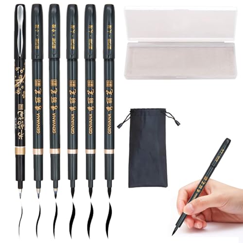 Hand Lettering Pens, Refillable Calligraphy Pens Brush Marker Pens Set Black, 4 Size for Writing, Painting, Drawing, Pack of 6