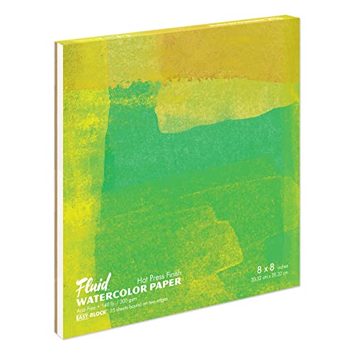 Fluid Artist Watercolor Block, 140 lb (300 GSM) Hot Press Paper Pad for Watercolor Painting and Wet Media with Easy Block Binding, 8 x 8 inches, 15 White Sheets - size: 8 x 8