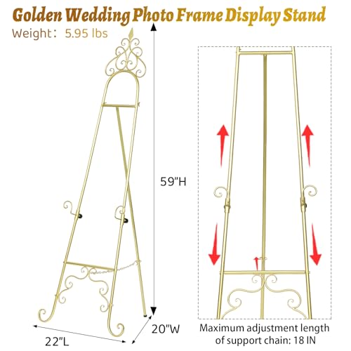 Gold Easel Stand for Wedding Sign - 59" H x 22" L x 20" W Adjustable Metal Floor Easel with Chain Support, Heavy Duty Display Standing Easel for Mirror, Picture Frame, Poster, Birthday & Exhibition Decor