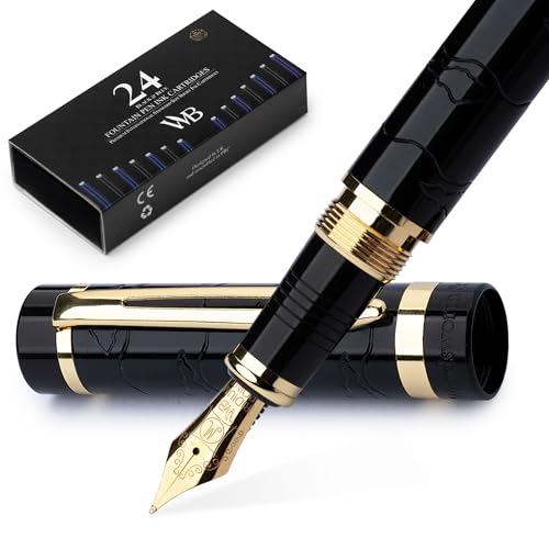 Wordsworth & Black Primori Fountain Pen Set [Black Gold]; Medium Nib, Gift Case, 24 Ink Cartridges, Refill Converter, Manual; Journaling, Calligraphy, Smooth Writing Pens; Left & Right Handed - color: Black Gold, style: Medium Nib