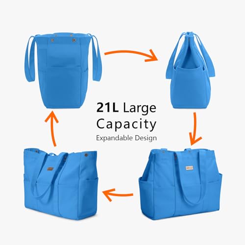 TOPDesign Large Canvas Tote Bag for Women, Shoulder Bag with Laptop Sleeve & Pockets, Everything Tote for Travel, Work (Blue) - color: Blue