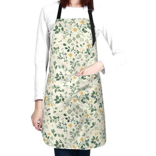 Cream Pastel Wildflower Art Waterproof Apron with Pockets | Garden Aprons for Men Women Adjustable Bib Apron for Cooking Kitchen Baking BBQ Painting Housework Oil Resistant - color: Lemon&leaf Garden