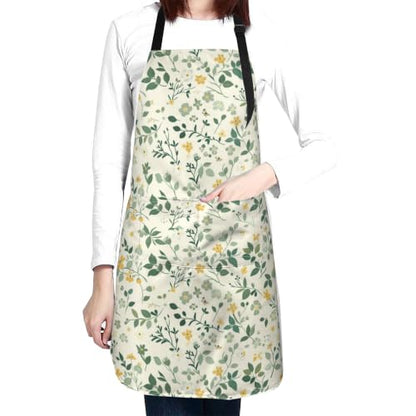 Cream Pastel Wildflower Art Waterproof Apron with Pockets | Garden Aprons for Men Women Adjustable Bib Apron for Cooking Kitchen Baking BBQ Painting Housework Oil Resistant - color: Lemon&leaf Garden