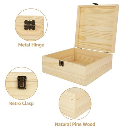 DAJAVE Unfinished Wooden Box, Wooden Storage Box with Hinged Lid, 9x9x4 Inch Pine Wood Box DIY Craft Stash Boxes for Arts Hobbies, DIY, Home Storage