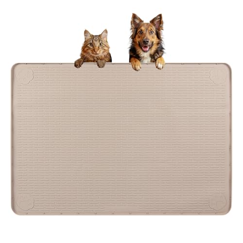 Dog Food Mat 34''x22'' Extra Large Dog Mat for Food and Water, Khaki | Silicone Dog Bowl Mat with Raised Edge, Waterproof Non-Slip Pet Feeding Mat for Floors, fit for Dog Cat Bowls - color: Khaki, size: 34"L x 22"W