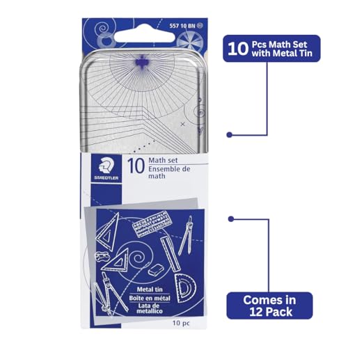 STAEDTLER 10-Piece Math Set with Metal Compass, 6" Ruler & Triangle Squares, 45° & 30/60° Set Squares, Alphabet Stencil - Measuring Tools (12 Pack)