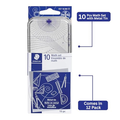STAEDTLER 10-Piece Math Set with Metal Compass, 6" Ruler & Triangle Squares, 45° & 30/60° Set Squares, Alphabet Stencil - Measuring Tools (12 Pack)