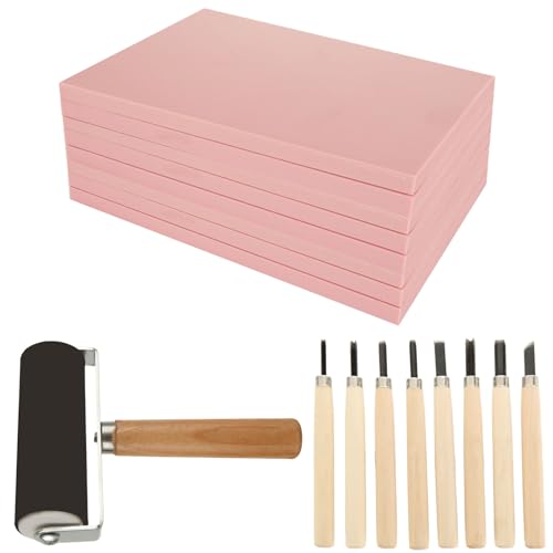 10 Pack Rubber Stamp Making Kit - Block Printing Kit，Linoleum Carving Tools with 8 Type Blades, 8 Pcs Pink Rubber Carving Block and Rubber Brayer Roller