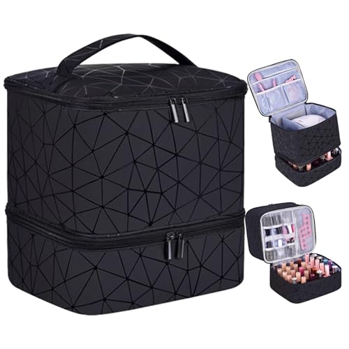 PU Leather Nail Polish Organizer, Double Layer Nail Polish Storage Holds 30 Bottles (15ml/0.5fl.oz) & Nail Lamp, Portable Nail Bag Organizer Case for Nail Tech Travel & Manicure Kit - color: Black