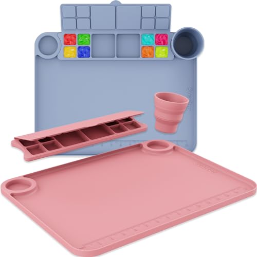 Svartur Silicone Painting Mat with Cup and Palette Detachable, 17"X13" Thick Silicone Craft Mat with Raised Edge for Artist, Painting Station Creator Mat, Gray & Coral Pink - color: Gray & Coral Pink