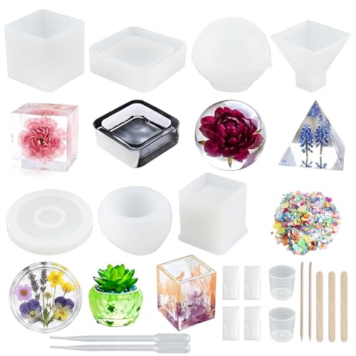 21PCS Silicone Resin Jewelry Casting Molds, Assorted Shapes Flexible Epoxy Kit Easy Demolding Smooth Reusable Tools for DIY Necklaces,Earrings,Pendants,Keychain Crafts