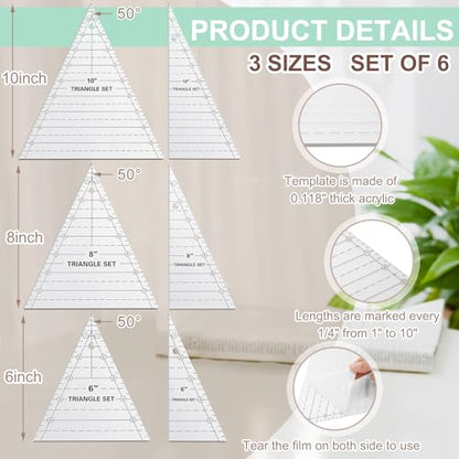 Kigley 3 Set Tall Triangle Rulers for Quilting 6 8 10 Inch Wedge Triangle & Wing Quilting Rulers and Templates Acrylic Quilt Templates for Sewing Layer Cake Patchwork Cutting Pattern DIY Craft - color: Clear