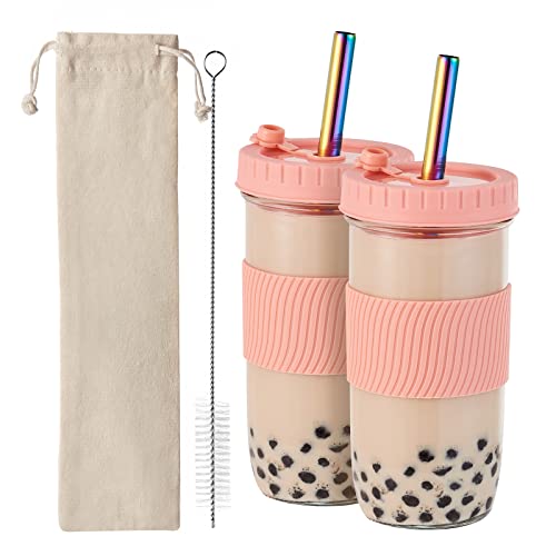 Amyoole 2 Pack Reusable Boba Cup, 24Oz Wide Mouth Smoothie Cup,mason Jar Glass Cups with Lids and Straws,Bubble/Boba Tea Cups,Ice Coffee Tumbler 2 colored straws 1 sponge brush(Pink) - color: Pink