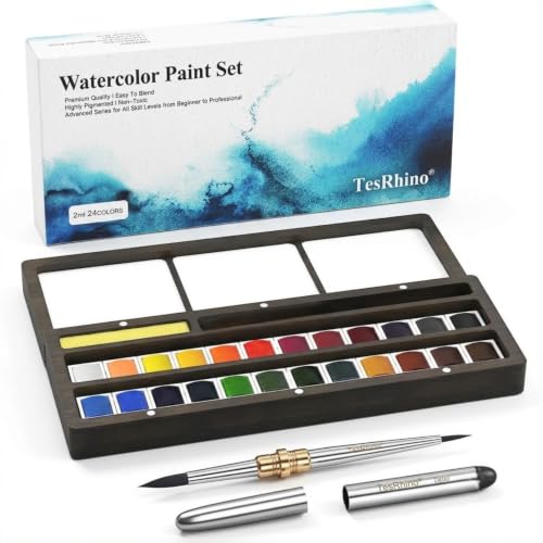24 Colors Watercolor Paint Set with Wooden Palette Box Dual Tip Travel Brushes Professional Portable Art Painting Kit for Beginners Artists