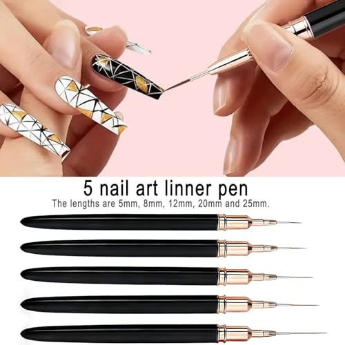 Nail Art Pens Set, Liner Brushes, Nail Art Brushes Tools For Long Lines, Thin Details, Fine Drawing, Liner Brush Polish Painting Nail Design (Black) - color: Black