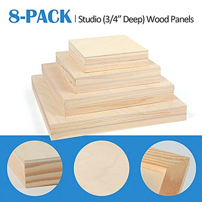Falling in Art Unfinished Birch Wood Canvas Panels Kit, 8 Pack of 4 Sizes Studio 3/4’’ Deep Cradle Boards for Pouring Art, Crafts, Painting, and More - size: 6*6 8*8 10*10 12*12 2-Pack