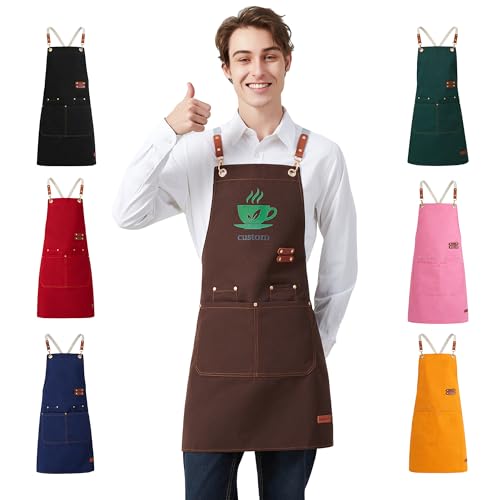 Personalized Waterproof Canvas Apron Custom Logo - Heavy Duty Cross Back 4 Pockets for Men Women Chef Barista - color: Brown 1