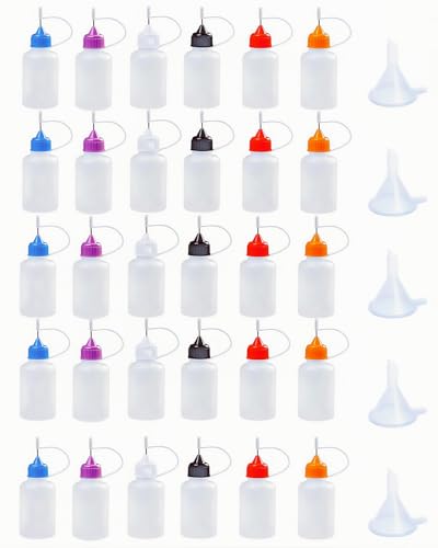 LJY Precision Applicator Bottle Set 1 Oz. - 30 Needle Tip Squeeze Bottles and 5pcs Mini Funnels for Acrylic Painting, DIY Quilling and Paper Craft