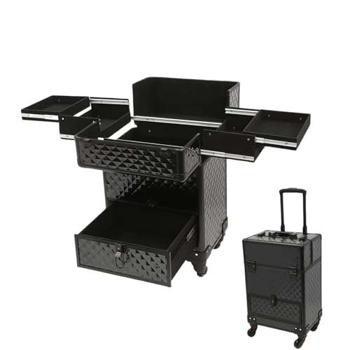 Rolling Makeup Case Cosmetic Train Cases 4 Tray with Sliding Rail Rolling Makeup Cart Cosmetic Trolley 3 Tier Travel Case Salon Barber Case for Makeup Tattooist Nail Tech Hairstylists - color: Black, style: Type a