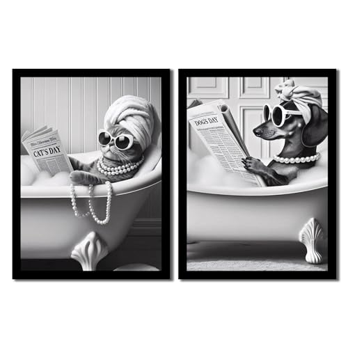 Framed Black and White Funny Cat and Dog Wall Art Set of 2 Canvas Prints, Vintage Animals Reading Newspaper Wall Decor, Humorous Pet Bathroom Decor Pictures with Wood Frame Acrylic Front for Bathroom Decor 12x16IN - color: cat and dog, size: 16"L x 12"W