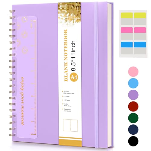 Blank Spiral Notebook Journal 8.5” x 11”, A4 Large Sketch Book for Women Men, 100 GSM Blank Paper Drawing Notebook, Plastic Hardcover Spiral Bound Sketchbook for Sketching Work School Writing, Purple - color: Purple, size: Plain