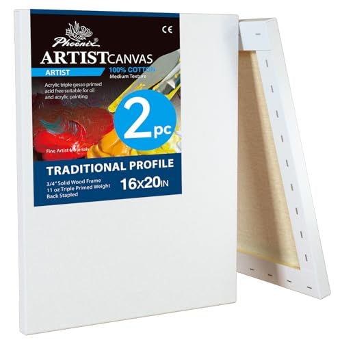 PHOENIX 16x20 Inch 2 Pack Artist Canvas - Large Stretched Canvases for Painting - 3/4 Inch Profile, 100% Cotton 11 Oz. Gesso Primed White Blank Professional Canvas Oil & Acrylic Paints - size: 16"x20", style: Traditional