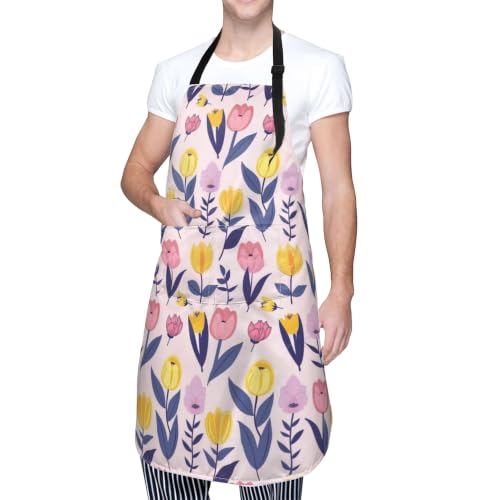 Cream Pastel Wildflower Art Waterproof Apron with Pockets | Garden Aprons for Men Women Adjustable Bib Apron for Cooking Kitchen Baking BBQ Painting Housework Oil Resistant - color: Playful Spring Bloom