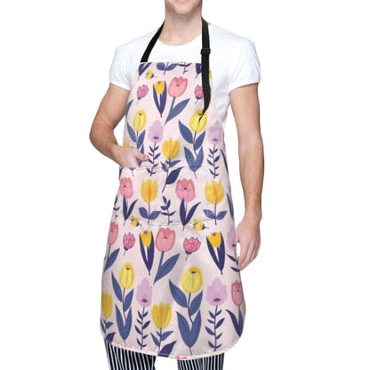 Cream Pastel Wildflower Art Waterproof Apron with Pockets | Garden Aprons for Men Women Adjustable Bib Apron for Cooking Kitchen Baking BBQ Painting Housework Oil Resistant - color: Playful Spring Bloom