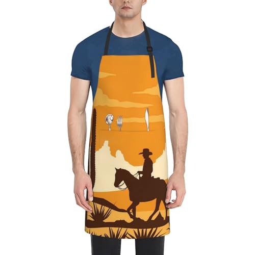 KKdskkds Tribal Boho Geometric Multi-Purpose Adjustable Waterproof Apron With Pocket For Men Women - color: Sunset Western Cowboy Silhouette in Desert