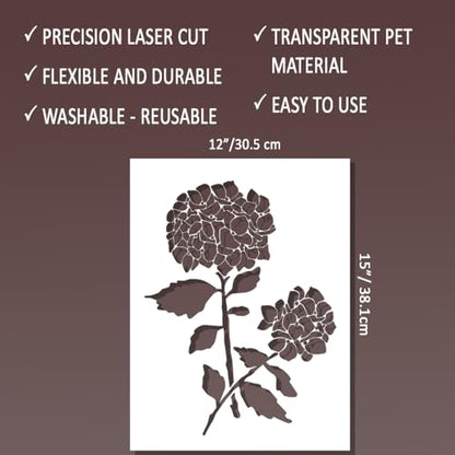 DLY LIFESTYLE Large Hydrangea Stencil (12x15 Inches) - Reusable Flower Stencils for Crafts, Canvas, Paper, Fabric, Furniture - DIY Large Stencil for Painting on Walls - style: Hydrangeas 12x15 Inch