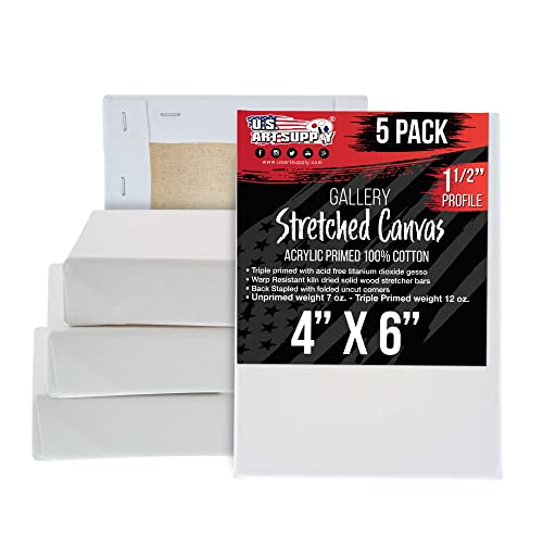 U.S. Art Supply 5-Pack Bulk Stretched Canvas for Painting 4 x 6 inch Gallery Depth 1-1/2" Profile - Professional Artist Quality, 100% Cotton 12-Ounce Gesso Triple Primed for Acrylic Pouring, Oil - size: 4" x 6"