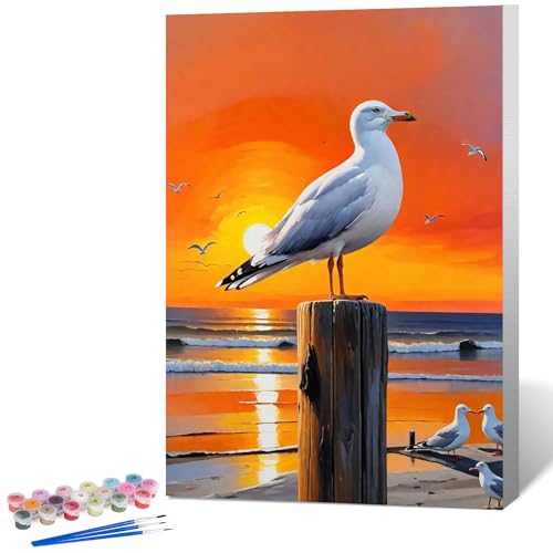 Fountor Framed Paint by Numbers Kit for Adults Beginner & Kids Ages 8-12, Seagull Paint by Number with Frame, Acrylic Sunset Landscape Painting by Numbers Kit on Canvas 8x12 inch - color: LOP1204, size: 8x12 Inch