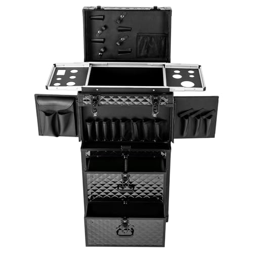 Rolling Makeup Train Case with Dual Password Locks, Aluminum Cosmetic Trolley Organizer with Wheels & Drawers, Professional Hair Stylist Barber Case for Salon Travel - color: Black-Type2