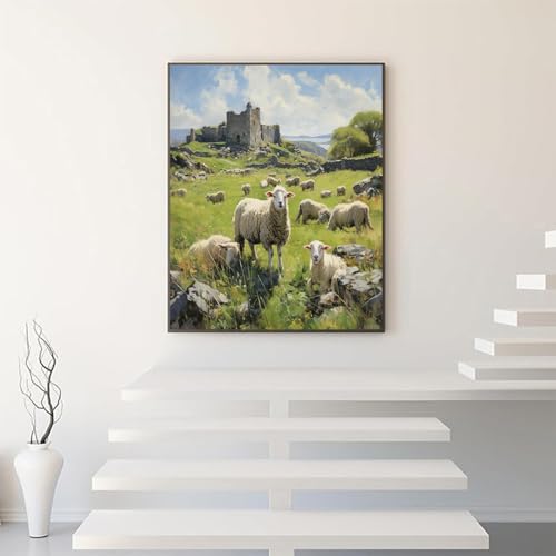 QACEYID Canvas Paint by Numbers Kits for Adults, Ireland Sheep Lambs, DIY Kit for Adults Acrylic Paint Oil Picture of Coloring by Numbers Art, 40x50cm