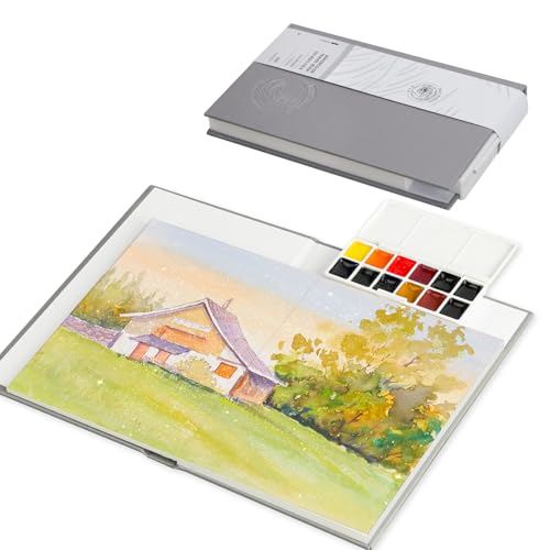 Paul Rubens Travel Watercolor Sketchbook, 24 Sheet 140lb/300gsm 100% Cotton Acid-Free Hot Press Watercolor Journal with Glitter Effect (5.31"x3.81"), with 12-Color Travel-Size Artist Grade Water color - size: 5.31 x 3.81 in