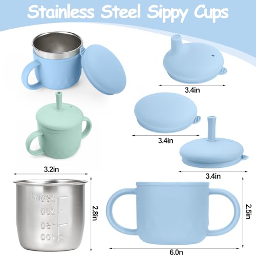2PCS Stainless Steel Sippy Cups for Toddlers1-3, Baby Straw Cups for 6+Month Old with Travel Lid, Silicone Straw, Replacement Straw & Cleaning Brush-8oz Toddler Cups Spill Proof Set (Blue+Green) - color: Green/Blue