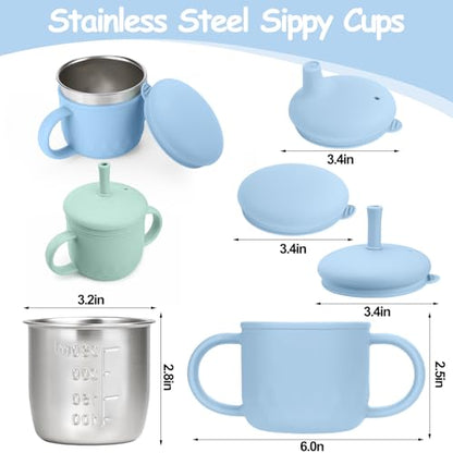 2PCS Stainless Steel Sippy Cups for Toddlers1-3, Baby Straw Cups for 6+Month Old with Travel Lid, Silicone Straw, Replacement Straw & Cleaning Brush-8oz Toddler Cups Spill Proof Set (Blue+Green) - color: Green/Blue