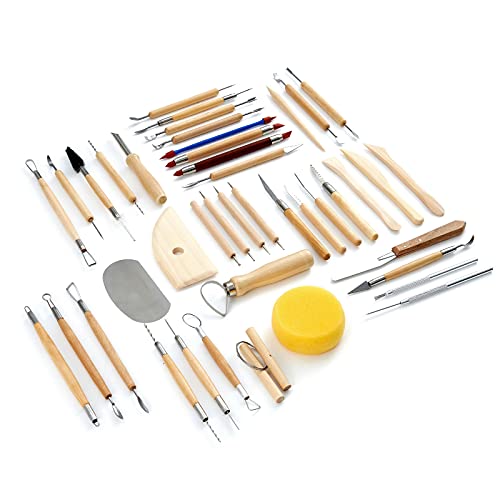 TEMONTIAN Pottery Tool Kit，Clay Sculpting Tools,43 Pcs Double Sided Pottery Wheel Tools for Adults，Pottery Carving Tools，Pottery Kiln Tools At Home，Ceramics Tools Set with Carrying Case Bag and Apron - color: BLACK