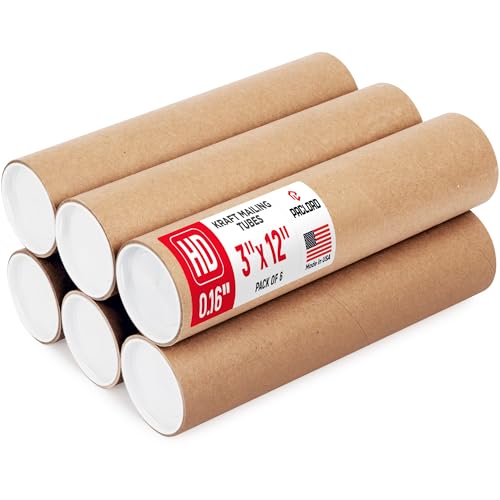 3" x 12" Heavy Duty Reinforced Kraft Paper Mailing Tube, Pack of 6 Tubes with 12 Caps – Secure USPS Approved Poster Tube – Made in USA Cardboard Tube for Shipping and Storing Posters, Prints, Artwork - color: Heavy-Duty, size: 3" x 12"