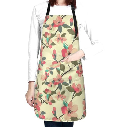 Cream Pastel Wildflower Art Waterproof Apron with Pockets | Garden Aprons for Men Women Adjustable Bib Apron for Cooking Kitchen Baking BBQ Painting Housework Oil Resistant - color: Apricot Blossom Boughs