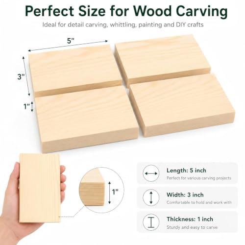 Unfinished Wood Blocks for Crafting, 3X5X1 Inch Wood Carving Blocks, 4 Pcs Solid Pine Wood Blocks for Craft DIY Wood Carving Painting Wall Decorations for Beginners and Adults - size: 3x5x1 Inch