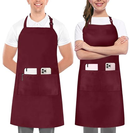 Utopia Kitchen 2 Pack Bib Apron, Adjustable with 2 Pockets, Water and Oil Resistant, Cooking Kitchen Chef Apron for Women Men - color: Burgundy